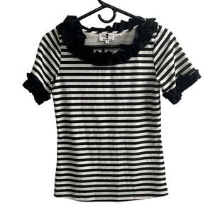 Dainty Jewells Women’s Black White Striped Modest Ruffle Swim Top Size Small